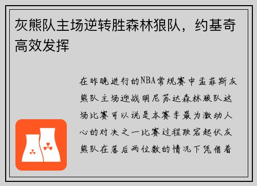 灰熊队主场逆转胜森林狼队，约基奇高效发挥